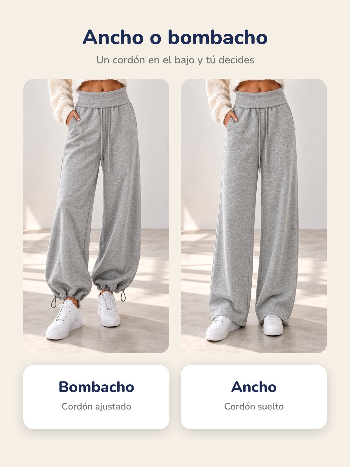 Ancho o bombacho: el mismo pantalón con el cordón ajustado o suelto